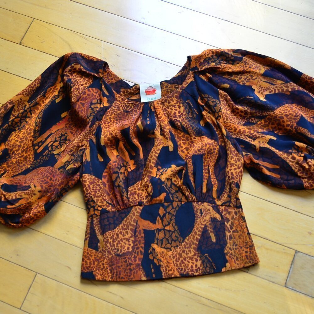 Farm Rio Black Giraffes Puff Sleeve Blouse Size XS - Picture 2 of 14